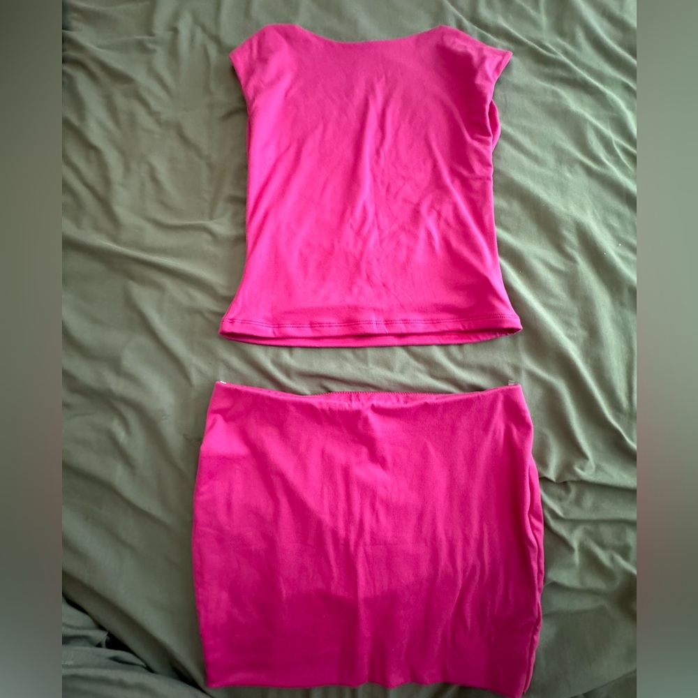 Fucsia Pink Mini Skirt and Top Cotton Stretch Set